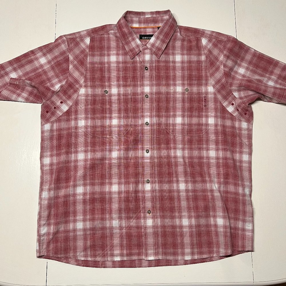 Orvis Shirt Mens XL Extra Large Red Plaid Short Sleeve Button Up